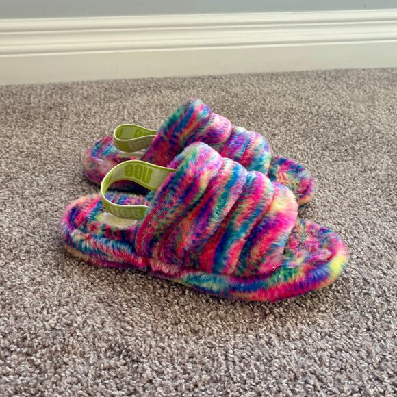 UGG Shoes - UGG Fluff Yeah Pixelate Slide Slipper Tie Dye Rainbow Slingback Womens Size 5 US